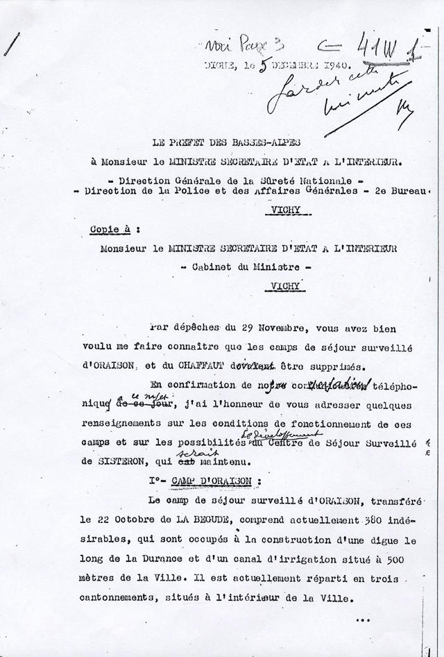 Première page du rapport du préfet des Basses-alpes au ministre secrétaire d'état à l'intérieur du 5 décembre 1940