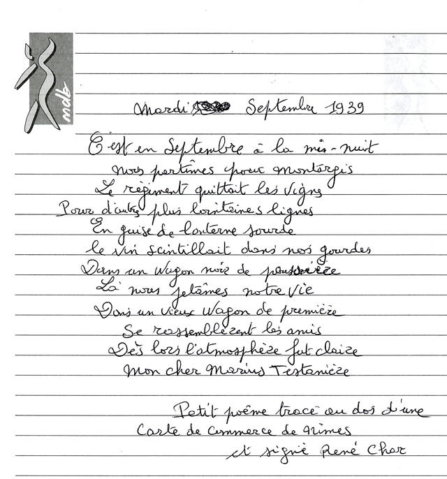 Poème de René Char adressé à Marius Testanière, retranscrit par Élie Figuière